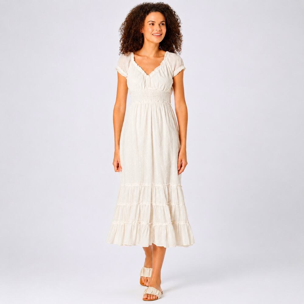 Betsey Johnson Midi Dress Swiss Clip Dot Sweetheart Neck Smocked White Small